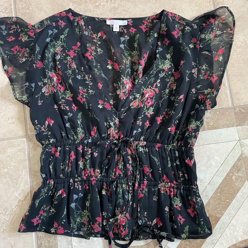 Black, floral sheer blouse.